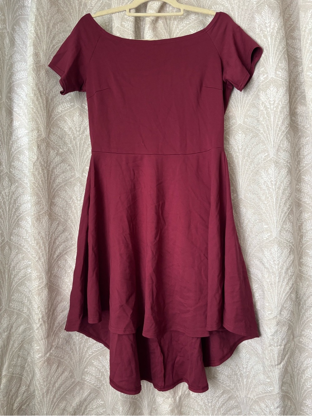 Off-Shoulder Burgundy High-Low Fit & Flare Dress